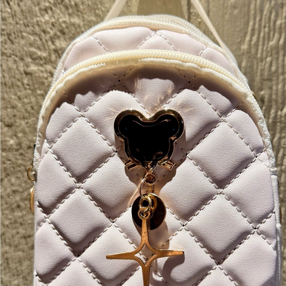 Mini Quilted Crossbody Bag – White & Gold – Approx. 6” – Adjustable Strap